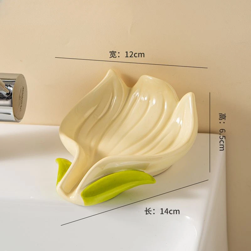 Ceramic Soap Dish, Household Bathroom Supplies, Creative Light Luxury Cute Flower Shape Soap Box No Punching Draining Water, 1Pc