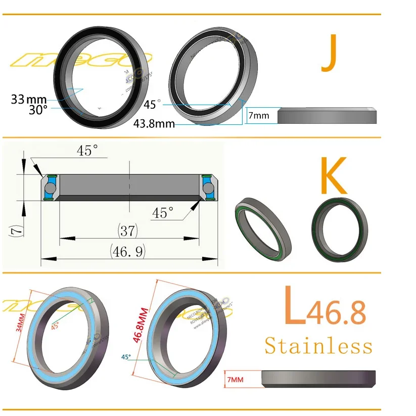 Neco Bearing Road Bike MTB Headset Bearing 38 39 41 41.8 43.8 44 46.8 46.9 47 48.9 49 50.8 51 51.8 52 mm for Giant bicycle ball bearing,bike headset bearings