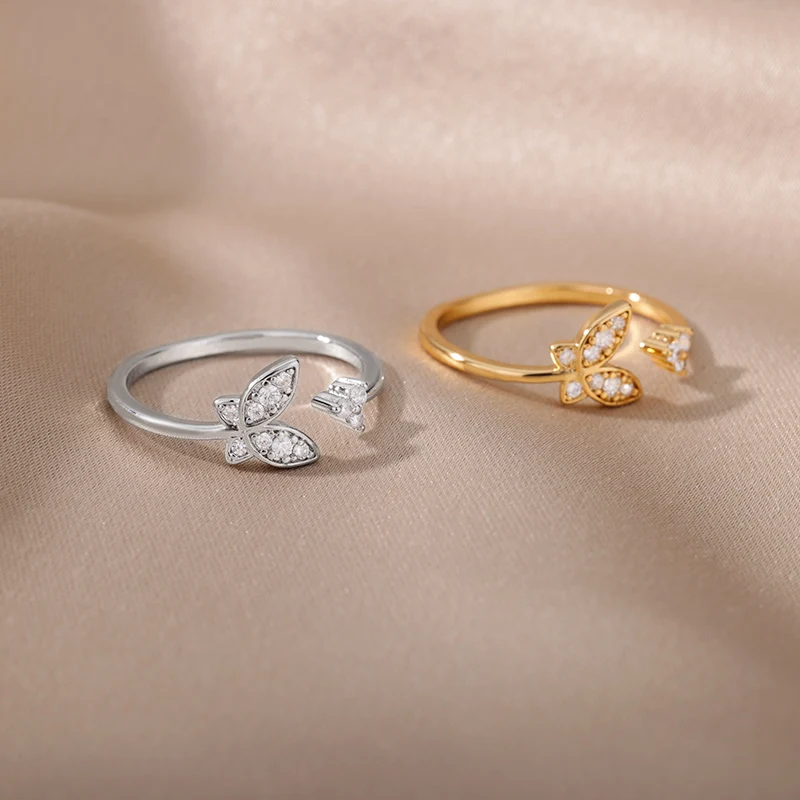 Tiny Zircon Butterfly Rings Stainless Steel