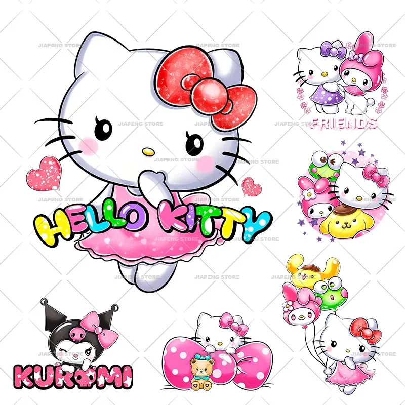

Hello Kitty Printed Stickers Iron on Heat Transfers For Baby Clothes Cartoon Cute Kuromi Thermal on Kids T-shirt Appliques Decor