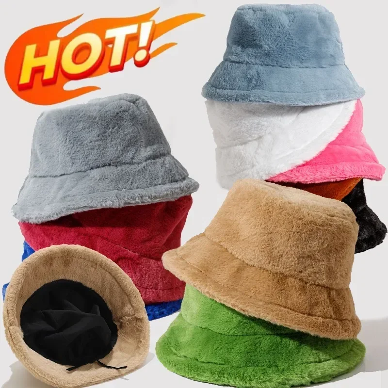 Women Bucket Hat Rabbit Plush Fisherman Style Colorful Warm Windproof Cold-proof Wide Brim For Winter
