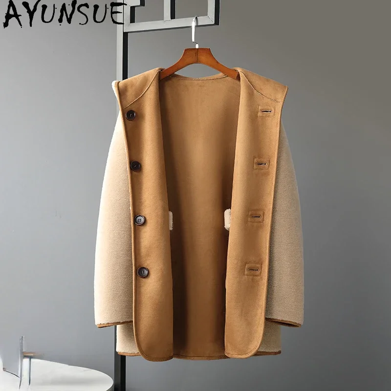 

AYUNSUE High-street 100% шерстяные пальто для женщин 2023 Новая модная куртка из овечьей шерсти женские меховые пальто с капюшоном Двусторонняя одежда