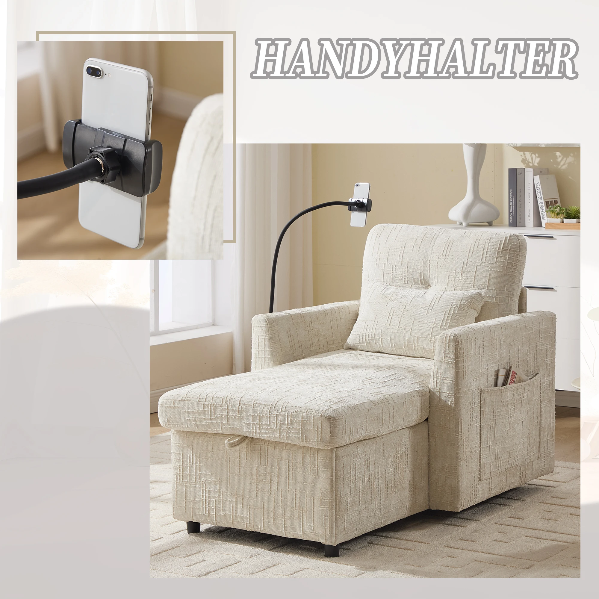 PINGGO Multifunktionales Schlafsofa im Wohnzimmer, Freizeitstuhl mit Handyhalterung, Schlafzimmer-Einzelstuhl mit Chenier – Detail 3