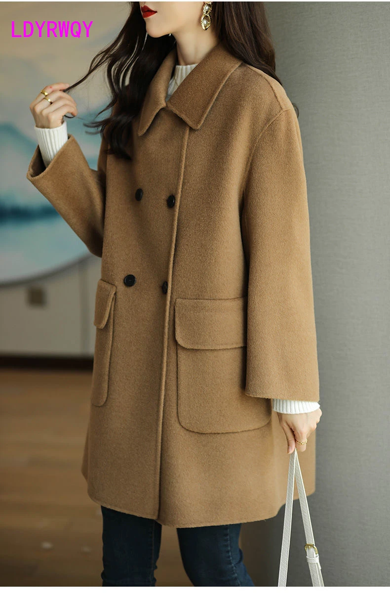 2023 Autumn/Winter New Square Neck Loose Gray Woolen Coat Women's Mid length Handmade Woolen Coat