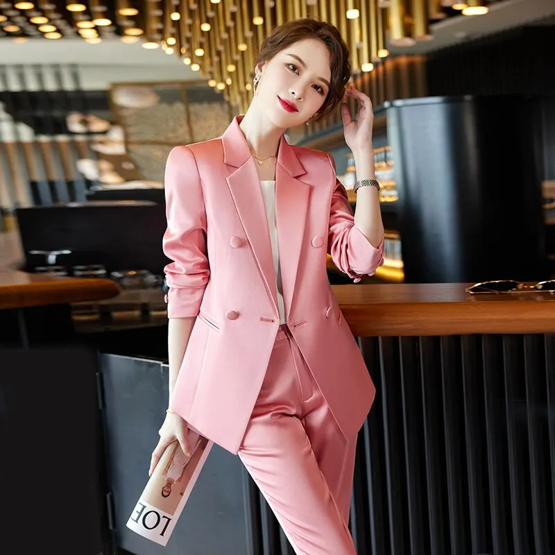 

2023 Autumn Temperament Purple Pink Pants Suit Women's Office Business Formal Long Sleeve Blzaer And Pants Work Clothes 2Pcs Set