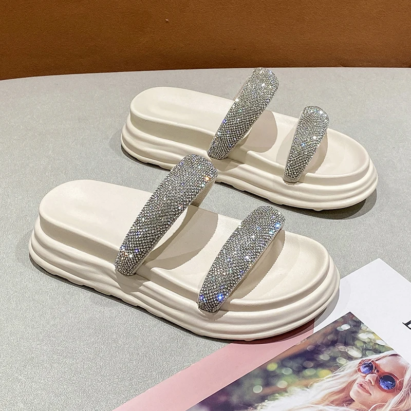 

Luxury Crystal Women Slippers 2024 Summer Open Toe Beach Flip Flops New Fashion Flats Sandals Shoes Brand Slingback Femme Slides