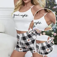 Summer Women's Sexy Camisole Pajama Set Women's Printed Letter Top Paired with Checkered Printed Shorts Home Pajama Set - Image 3