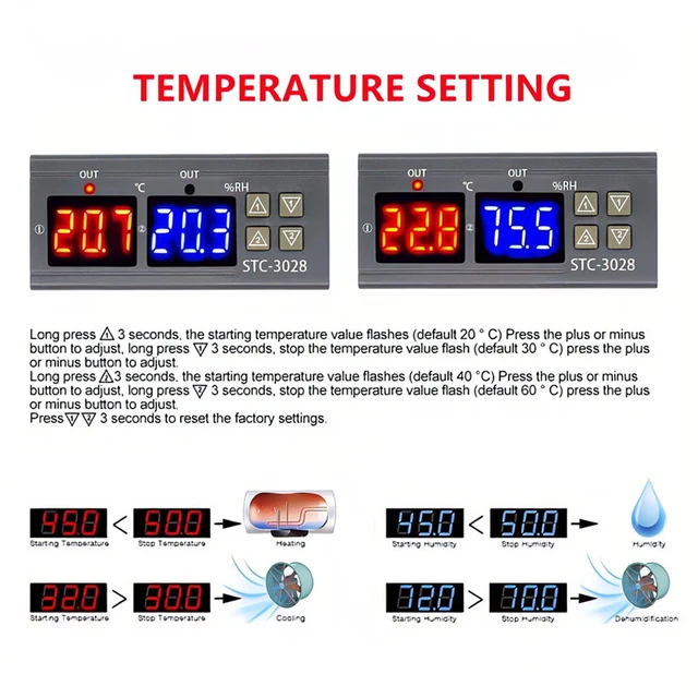Stc-3028 Digital Temperature Humidity Controller Meter Intelligent Thermostat Humidistat Thermometer Hygrometer for Freezer Fridge Hatching, Size