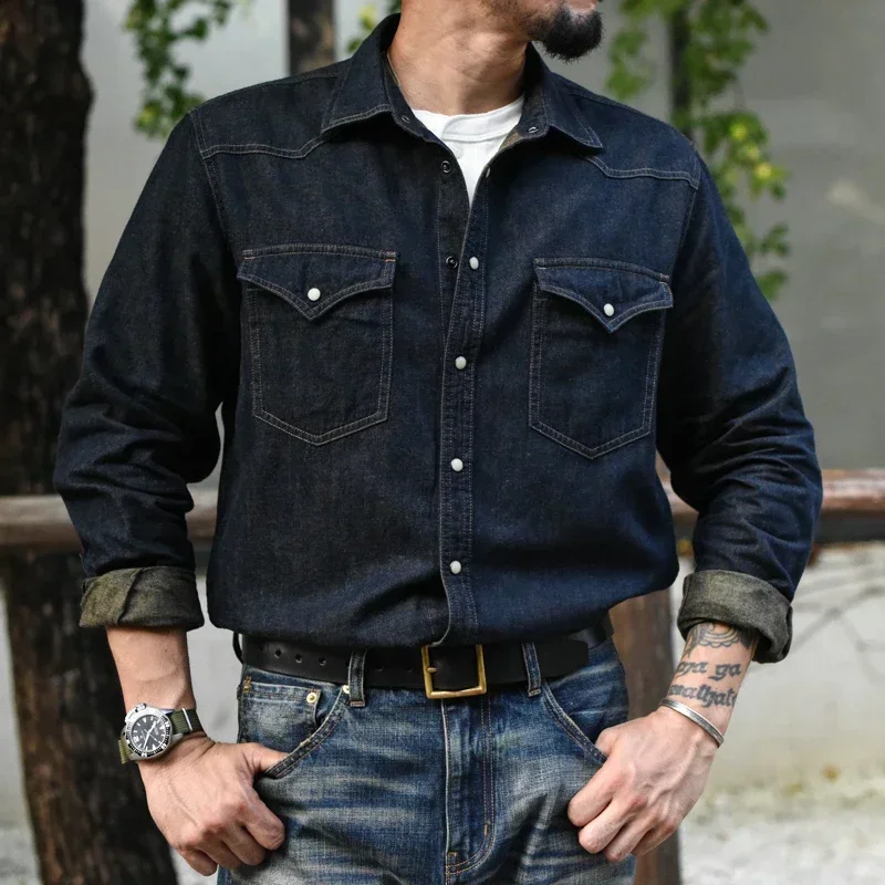 Sauce Zhan Mans Shirt Jeans Shirt Vintage Cotton and Linen Western Cowboy Long Sleeve Denim Double Pockets