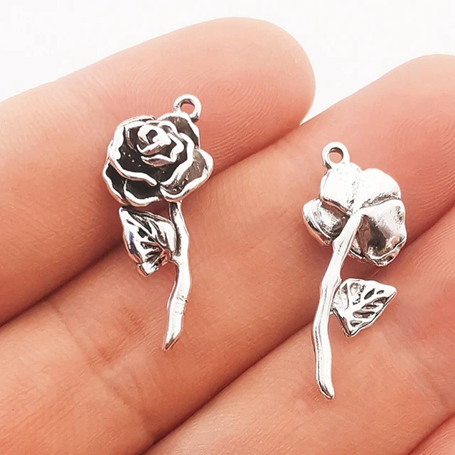 10pcs 26*11mm Antique Silver Color Zinc Alloy Rose Charms Rose Flower  Charms Pendants for Jewelry Making DIY Handmade Craft