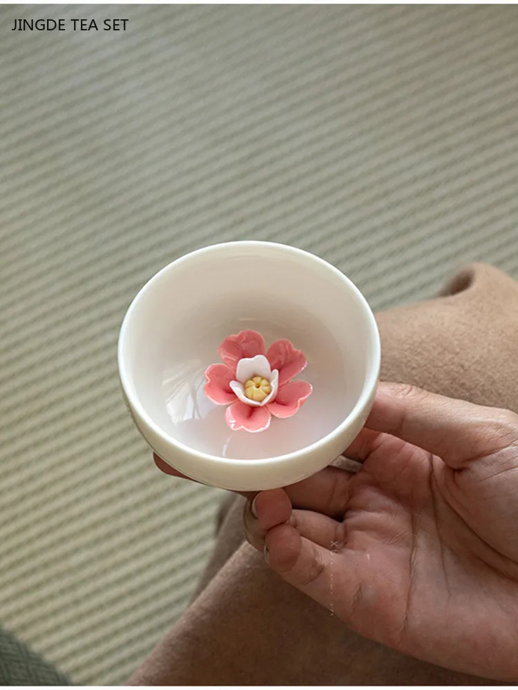 80ml Mutton Fat Jade White Porcelain Teacup Handmade Flower Master Cup Exquisite Ceramic Tea Cup Custom Portable Tea Accessories