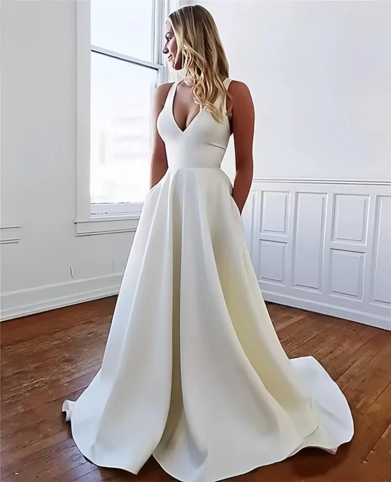 Spaghetti Strap Open Back Wedding Dresses Satin Simple Style Prom Dress V Neck Evening Gown Formal Party Dress with Bow 3