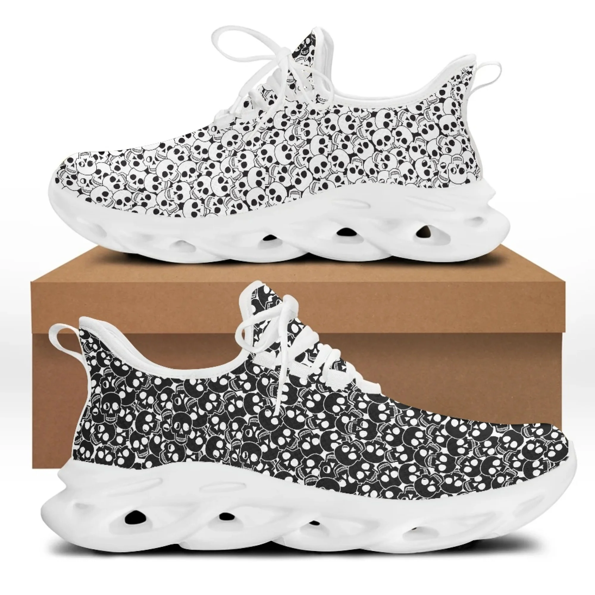 Yikeluo Black White Skull Pattern Printing Breathable Sneakers Casual Running Shoes Mesh Swing Footwear for Women Zapatillas