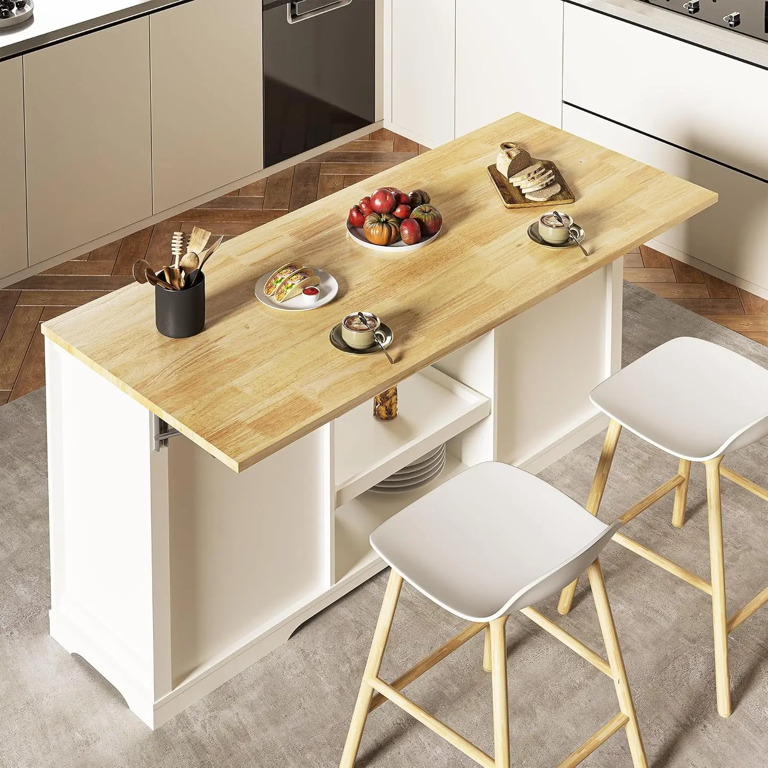 59 Inch Large Kitchen Island with Power Outlet, Farmhouse Thick Table Top Drawer, Organized Storage Space with Rubber Wood 3