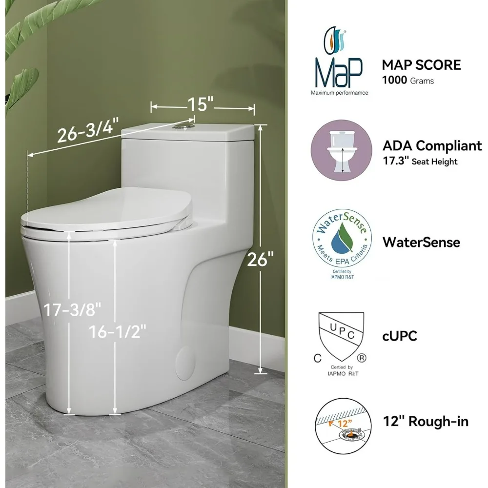 with Non-Electric,Elongated ADA Chair Height Toilets with Adjustable Nozzles Seat, Powerful Dual Flush&Soft Closing Seat Include 3
