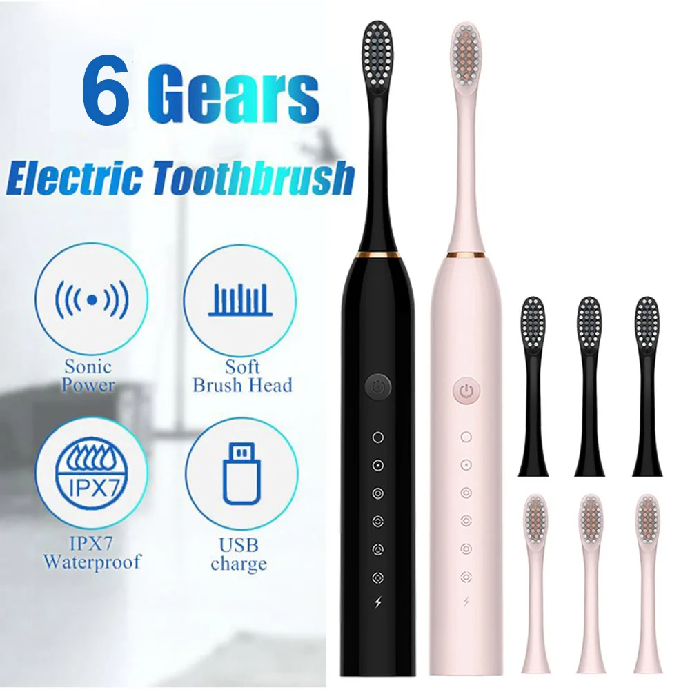 초음파 자동 USB 충전식 음파 전동 칫솔, IPX7 방수 칫솔, 교체 가능한 칫솔 헤드 J189 