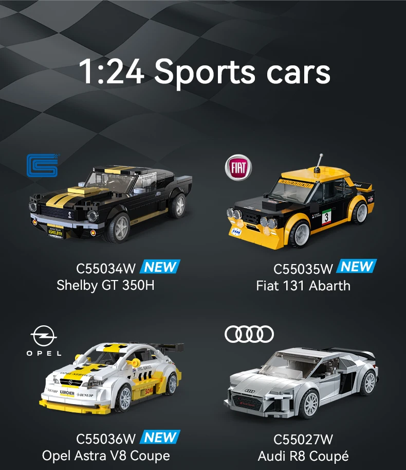 CaDA Offiziell lizenziertes 1:24 Baustein-Autoset / Sportwagen-Bausteine / Oldtimer / Audi A8 / Opel / Shelby / Fiat
