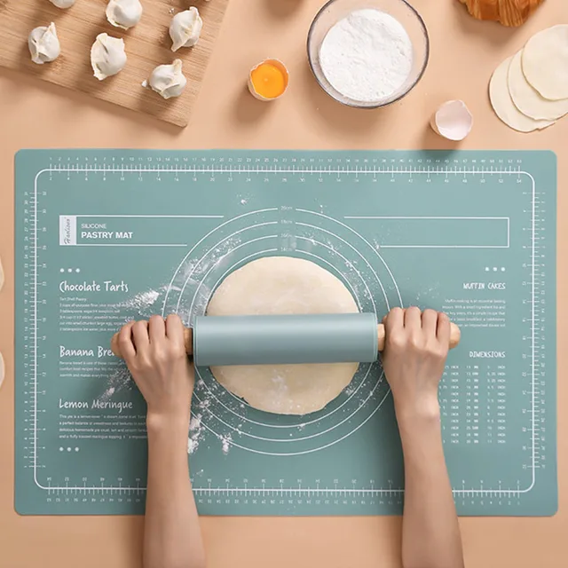 Thick Silicone Dough Mat and Non-Stick Rolling Pin Set - Perfect for Making Pizza, Pastry, Bread and Tortilla - Image 4