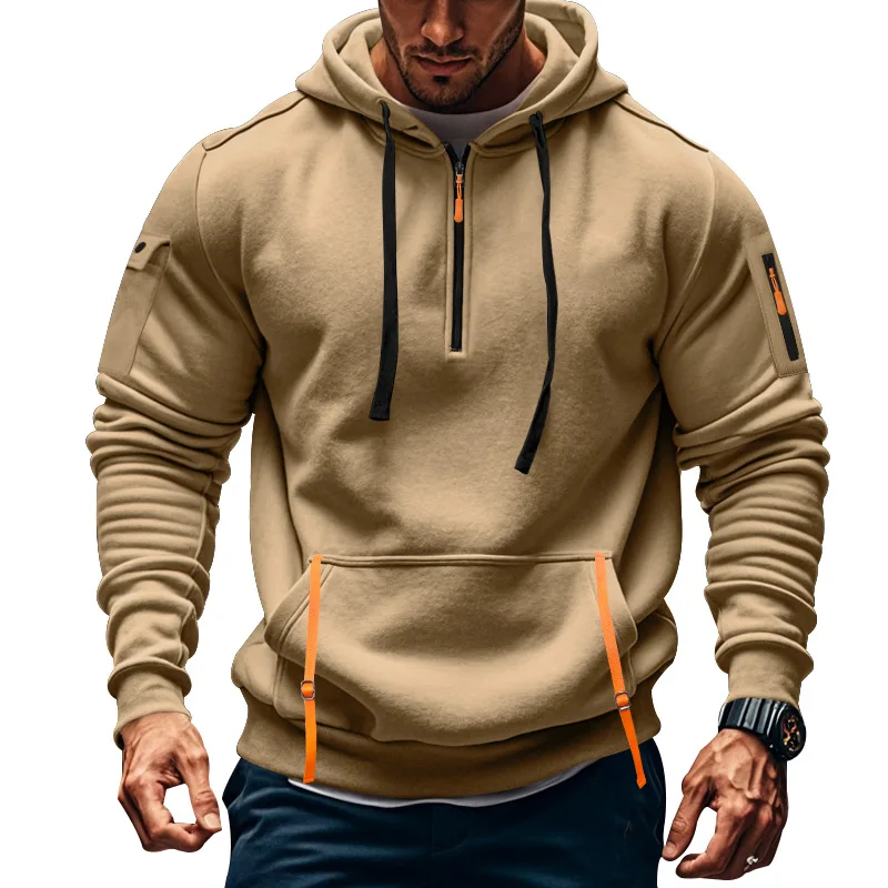 Autumn and Winter New Men's Outdoor Sports Tooling Wind leisure comfortable solid color arm pocket zipper long-sleeved hoodie 3