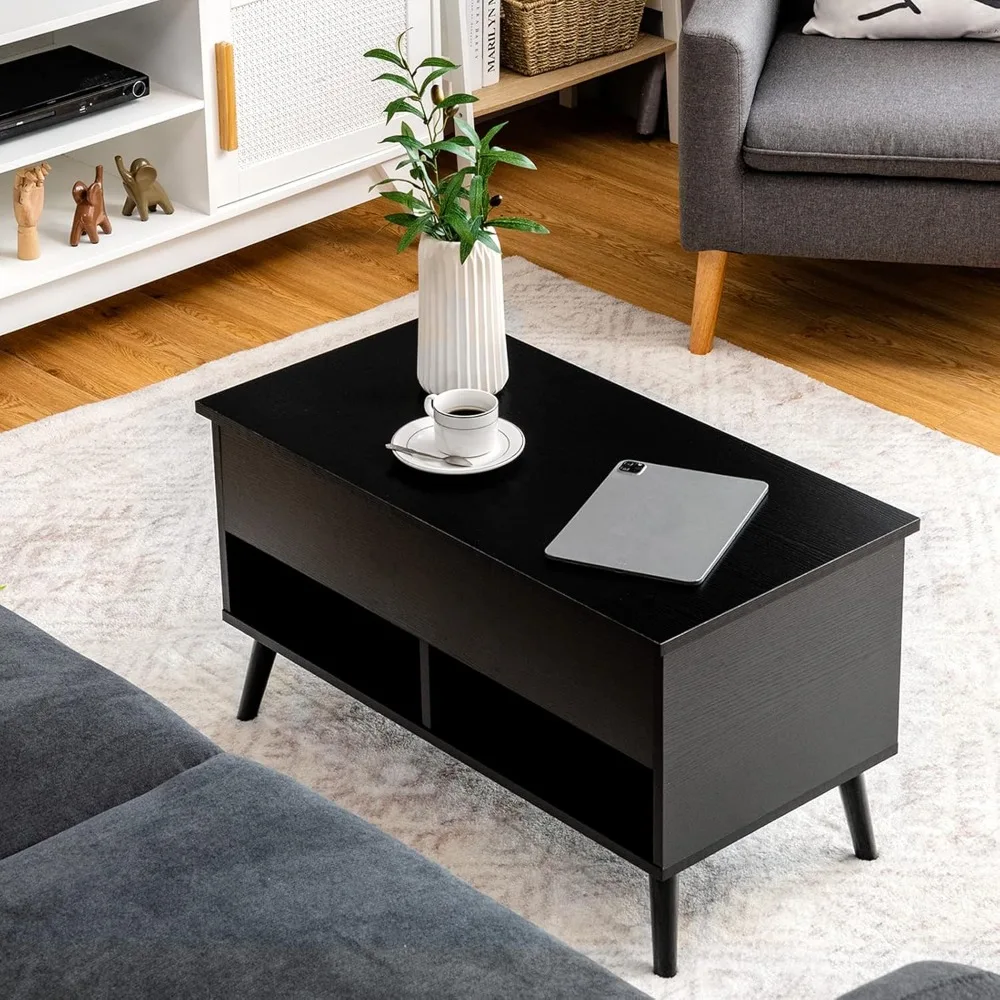 Lift Top Coffee Table, Wooden Lift Tabletop Dining Table with Hidden Storage & 2 Open Shelves, Metal Hydraulic Lifting Device 4