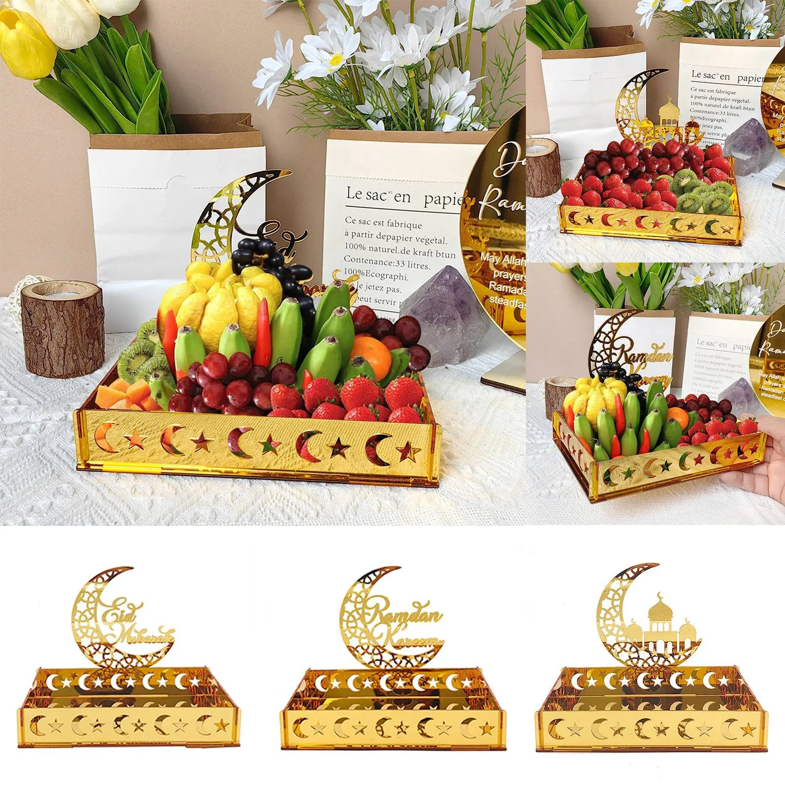 Eid Mubarak DIY Acrylic Food Tray Moon Star Food Holder Ramadan Kareem Table Decoration Islamic Muslim Party Supplies 2024 Gifts