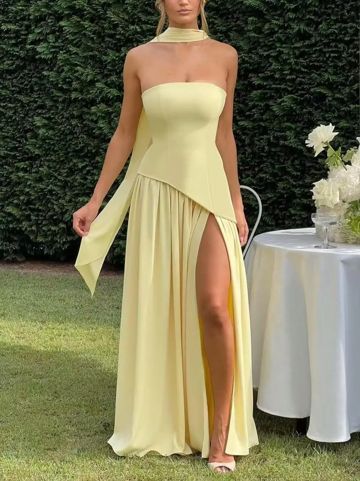 Abiti da damigella d'onore senza spalline per matrimonio con sciarpa Abiti  lunghi da ballo in chiffon Abiti da sera con spacco laterale - AliExpress, image size:1200x1600