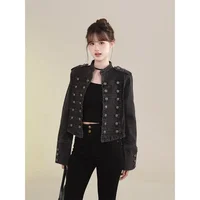 Veste Courte en Jean pour Femme, Nouveau Modèle, Style Rétro avec Boutons, Col Montant Ajusté, Manches Longues, Veste en Denim Courte 3