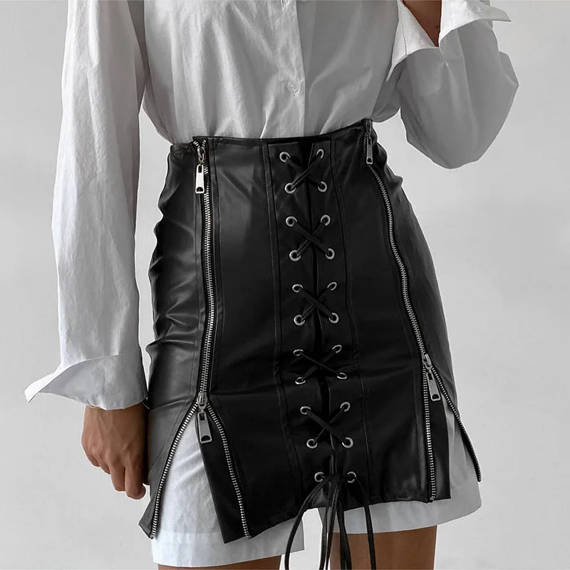 

Mall Goth Streetwear Pu Skirt Women Cyber Y2k High Waist Bandage Zipper Mini Skirt Emo Alternative Grunge Indie Clothes