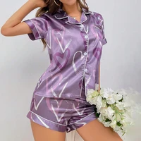 Women's Pajama Pj Set Heart Print Satin Pyjama Casual Short Sleeve Lapel Collar Tops & Pants Sleepwear & Loungewear for Adults - Image 4