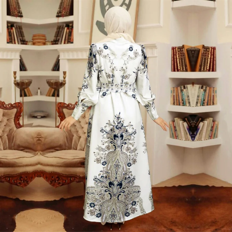 2023 Muslim Abayat Dress White Print Slim Big Skirt Robe Femme Musulman Stylish Elegant Ladies Dress