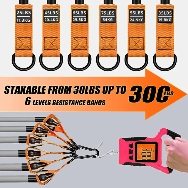 12pcs 300lbs Resistance Bands Fitness Elastic Sports Gym Kit 6 Bands Bodybuilding with Door Holder and Carrying Bag 4