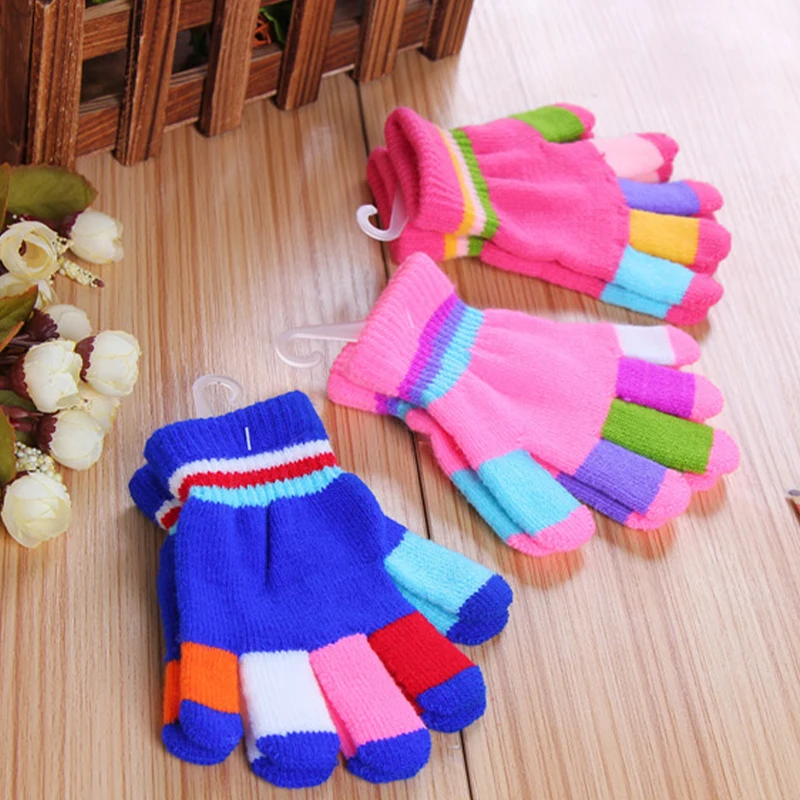 Winter Kids Knitted Gloves Rainbow Stripe Boys Girls Warm Mittens Autumn Colorful Children Elastic Full Finger Glove