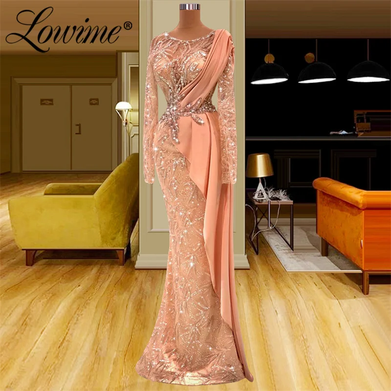 

Lowime Elegant Pink Long Sleeves Evening Dresses 2023 Sparkly Crystals Beading Women Party Dress For Weddings Robes Plus Size