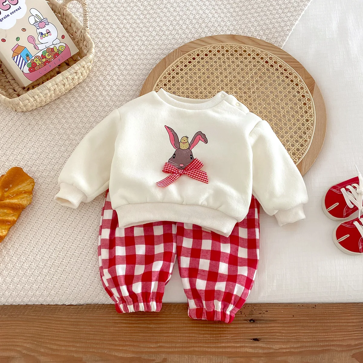 UNIFEMEN Winter Baby Girls 2PCS Clothes Set Cotton Rabbit Knotbow Top Fleece Plaid Pants Suit Toddler Girls Tracksuit