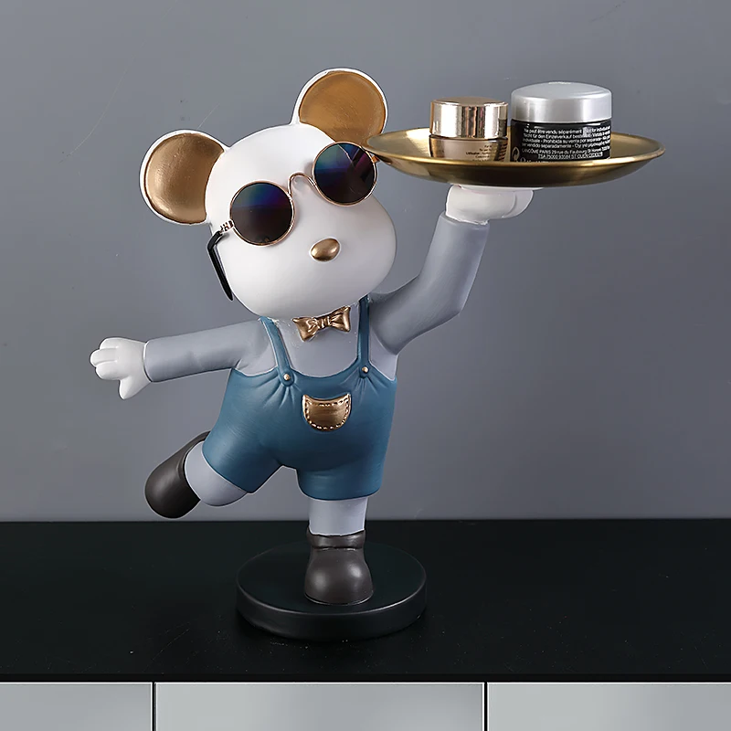 

Nordic Resin Décor Crafts Bear Butler with Metal Tray Keys Holder Storage Jewelries Animal Room Home Decor Statue Bear Sculpture