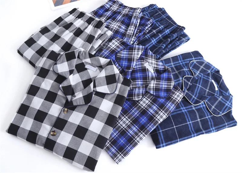 best mens pajamas Autumn and Winter Men's Newest Cotton Flannel Brushed Trouser Suit Plaid Design Clothes with Button Pajama Set Homewear Men Suit best mens pajamas