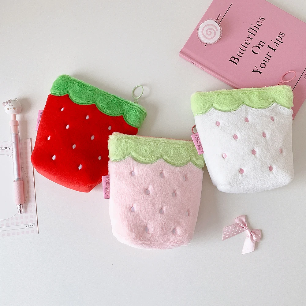 Cute Strawberry Plush Pencil Case With Zipper For Travel Makeup_voghion.com