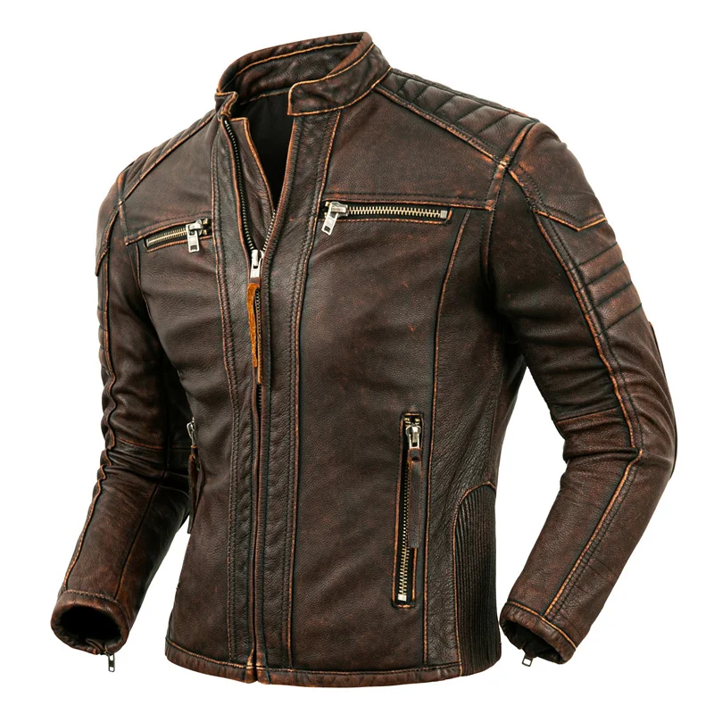 Men's Natural Leather Jacket First Layer Calfskin Stand Collar Motorcycle Jacket Retro Brown Cowhide Biker Clothes men leather jacket