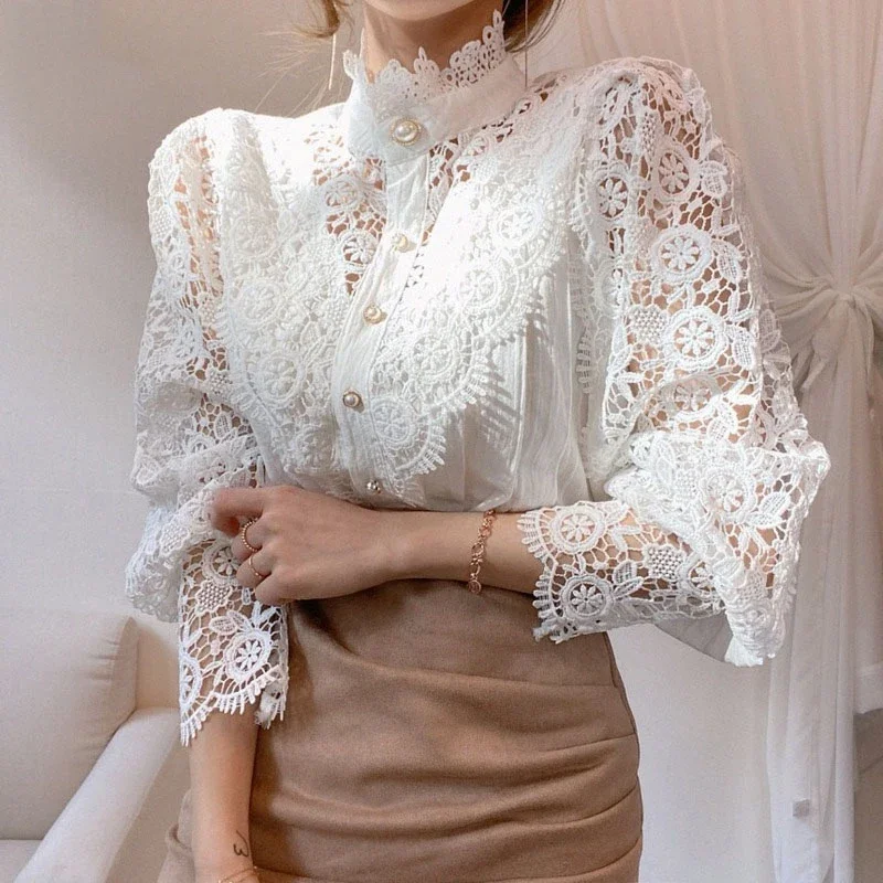 Hollow Out Lace Patchwork Blouse for Women, Button White Top, Petal Sleeve, Flower Stand Collar Shirt, Spring, Autumn