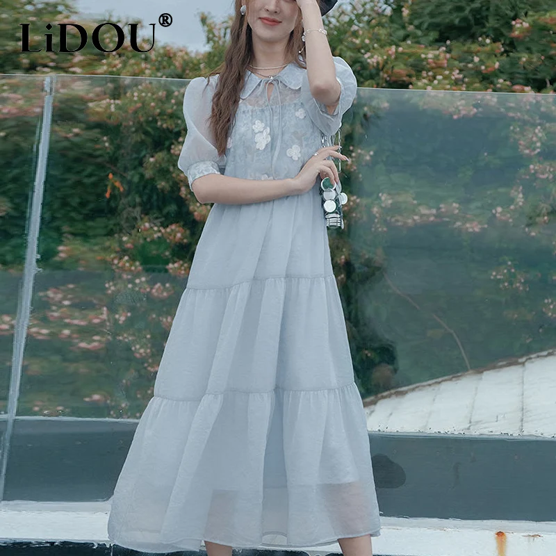 

Summer New Elegant Fashion Appliques Lace Up A-line Dress Ladies Solid Color Half Sleeve Temperament Loose Casual Robe Vestidos