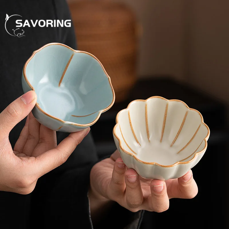 Retro Ru Kiln Porcelain Teacup Creative Opening Tea Bowl Beautiful Petal Tea Cup Smelling Cup Master Cups Tableware Decoration