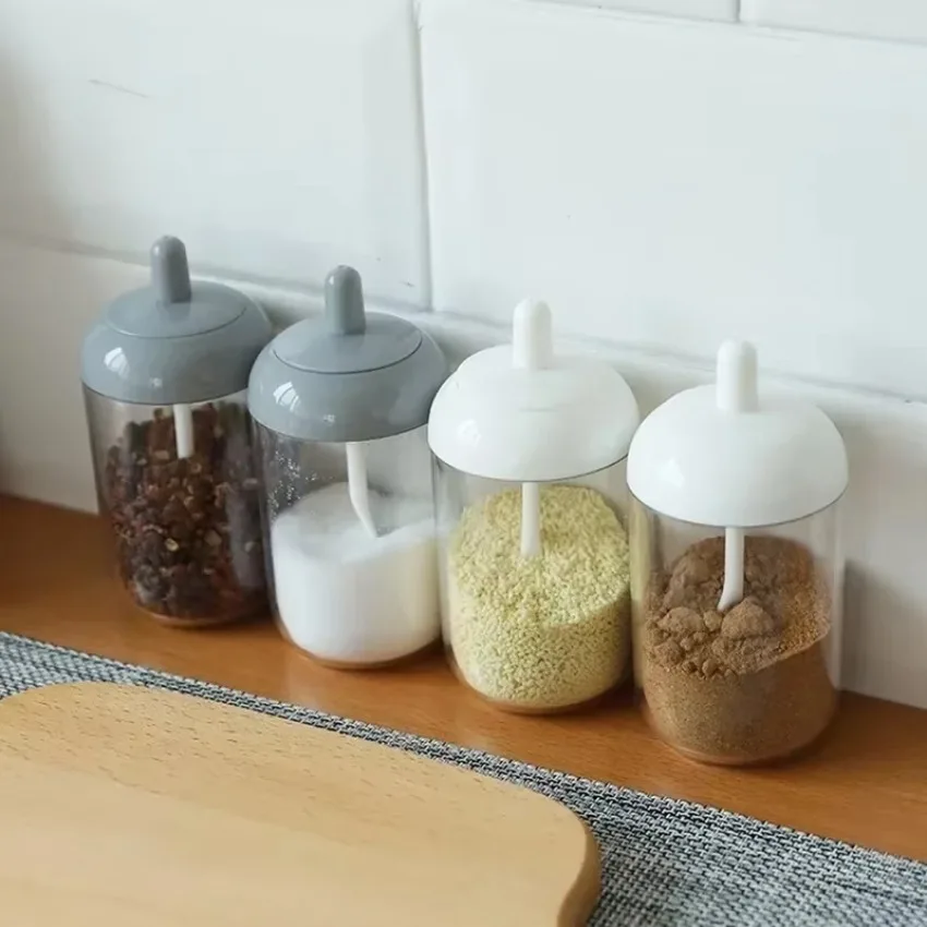 Glass Spices Jars Stickers Salt Sugar Powder Olive Oil Pepper Seasoning Storage Bottle Spoon Base Tools Kitchen Accessories Set