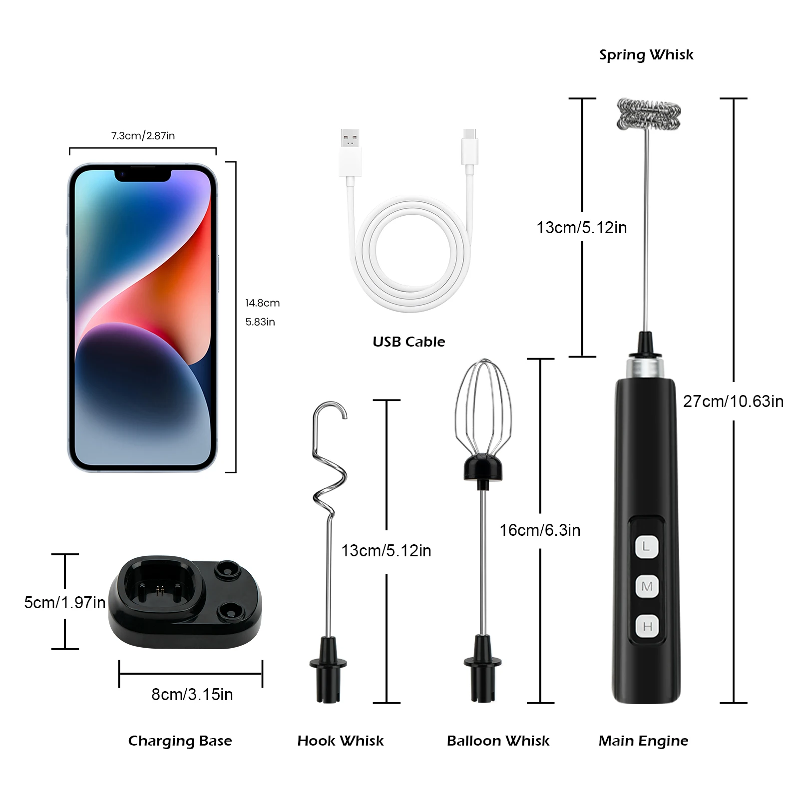 3-in-1 electric milk frother, 3-speeds power adjustablehandheld portable electric mixer, placed base Type-C charging