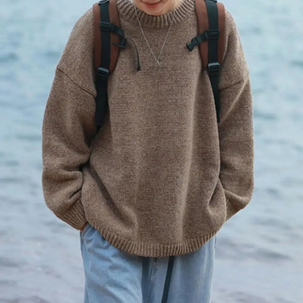 

Men Sweater Round Neck Long Sleeve Pullover Soft Warm Stylish Solid Color Men Knitwear for Autumn Winter