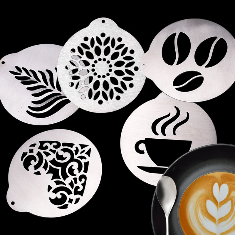 5Pcs Stainless Steel Coffee Stencils Mold Cappuccino Template Milk Cake Cupcake