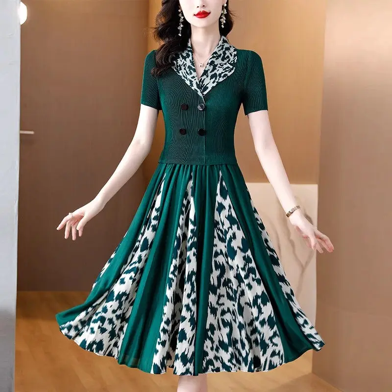 

Summer High End Pleated Suit Collar Dress For Women Slim Fashion Mid Length Mom's Printed Floral Patchwork Dress Midi Z1820