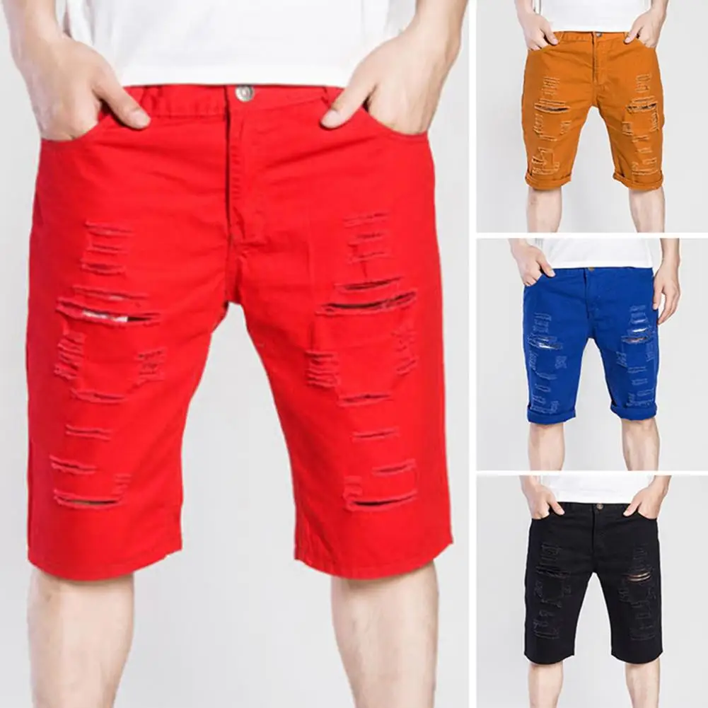 New Denim Shorts Men Knee Length Fashion Jeans Casual Hole Slim Male Short Pants Streetwear