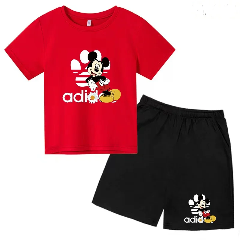 Camiseta y pantalones cortos con estampado de Mickey Mouse de verano para niños y adolescentes, traje de 2 piezas, ropa deportiva informal para niños y niñas, conjunto de moda Sunshine