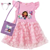 Robes Gabby's Dollhouse pour enfants, costume de dessin animé Gabby Chat, robes d'été décontractées à manches courtes pour bébés filles, avec sac et bandeau 4