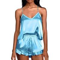 Ensemble de pyjama à volants pour femmes, vêtements de nuit monochromes, pyjama à col en V, vêtements de nuit en fibre de document, vêtements de nuit d'été, 2 pièces 5